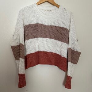 moon & madison Cropped Striped Crewneck Sweater in White, Taupe & Rust